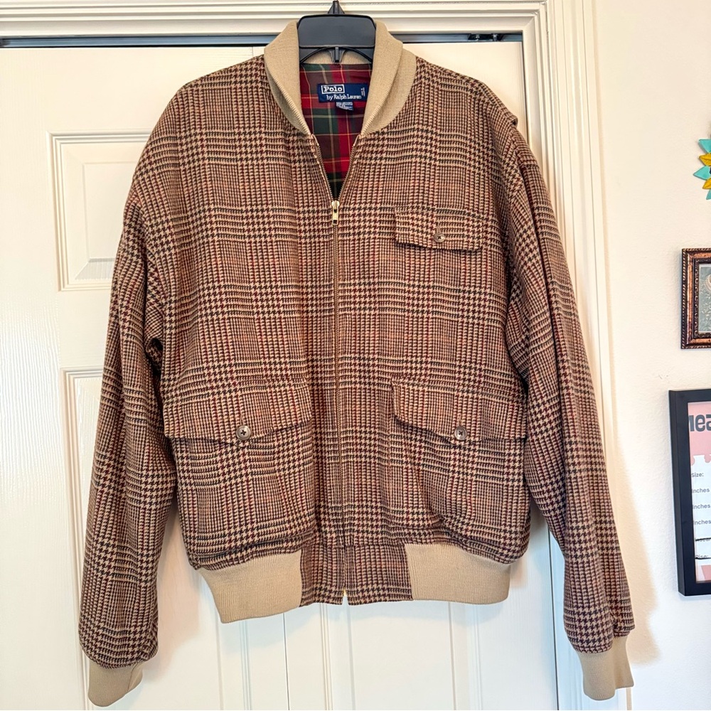 Vintage Polo Ralph Lauren Houndstooth Wool Tweed Ribbed Collar Bomber Jacket L